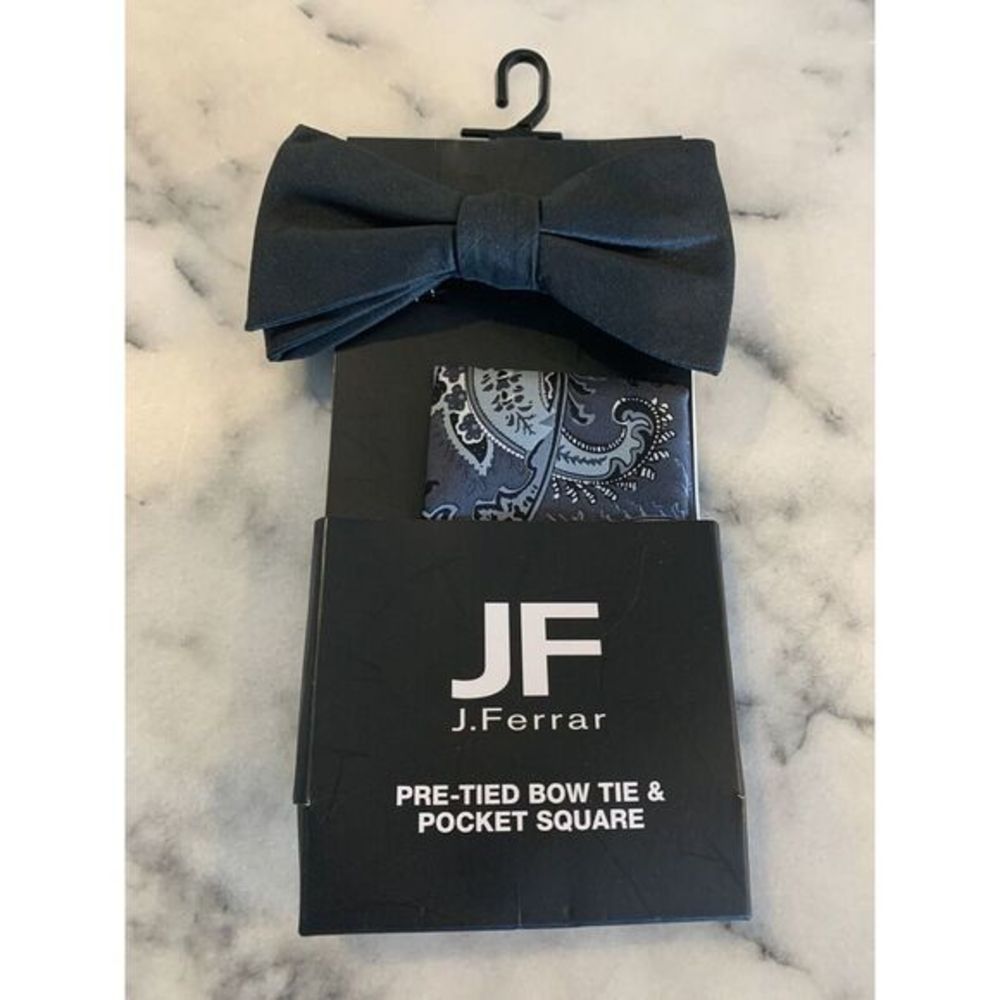 JF J Ferrar‎ Pretied Bow Tie Bowtie Pocket Square Black Gray Adjustable MSRP $40